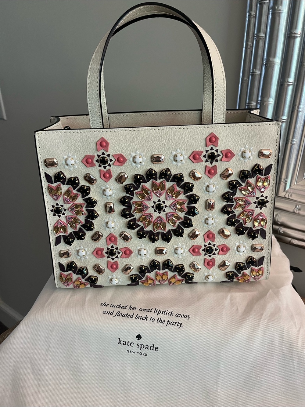 kate spade Cream leather Tote with Pink & Black sparkle Studded embellishment!